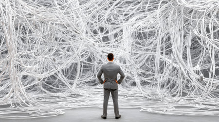 A businessman surveys an overwhelming mess of tangled cables, symbolizing confusion and the urgent need for clear solutions to challenges.の素材
