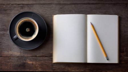 An open notebook sits alongside a pencil and a cup of coffee on a rustic wooden table, providing a perfect setting for writing or studying.の素材