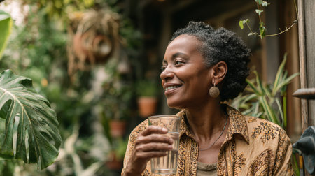A woman relaxes in a vibrant indoor garden holding a glass of water, promoting health and hydration in a serene setting.の素材