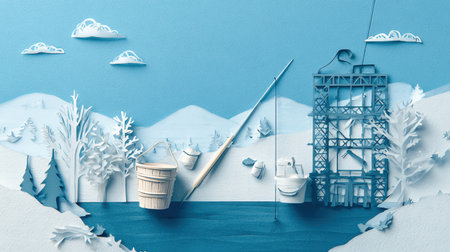 This artwork features a paper cutout of a winter fishing scene, complete with a drill, fishing rod, and bucket in a snowy setting.の素材