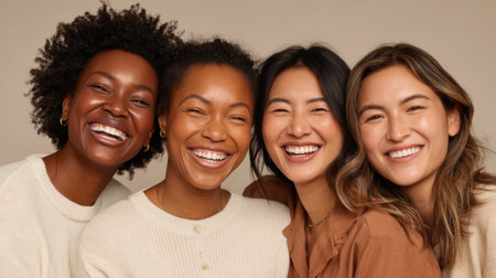 Four diverse women with radiant skin smile together, embracing happiness and friendship in a warm and inviting settingの素材