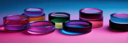 Colorful lenses suspend in a dreamy environment filled with gentle gradient light effects, inviting contemplation and creativity.の素材