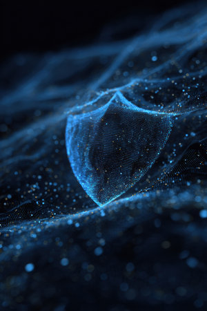Bright blue shield visualizes secure network connections surrounded by flowing binary code, representing digital security in technology.の素材
