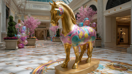 A golden horse artwork with vibrant colors stands in a luxurious space surrounded by cherry blossom trees and celebratory decorations for 2026.の素材