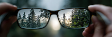 Hands hold glasses framing a lush forest scene, capturing the interplay of reality and imagination at dawn.の素材