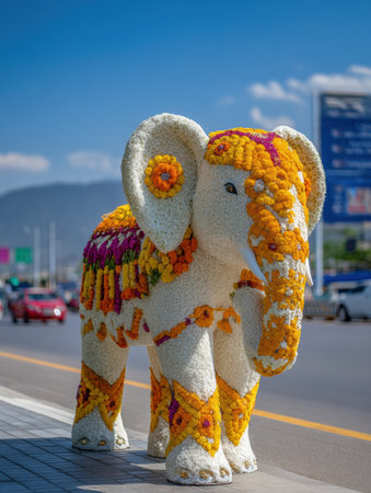 Brightly colored flowers cover an elephant statue, part of a sacred ritual, located on a bustling city street under a clear sky.の素材