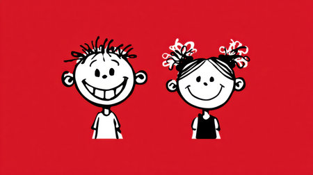 Two cartoon characters, a boy and a girl, share smiles and playful hairstyles, showcasing their joy and friendship on a bright red backdrop.の素材