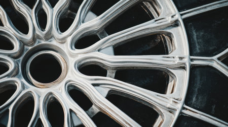 A unique arrangement of car wheels creates an abstract circle with striking mechanical symmetry and detailed patterns.の素材
