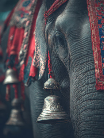 Elephant dressed in colorful silk fabrics and bells participates in a ceremonial festival in Asia, showcasing cultural traditions and festivities.の素材
