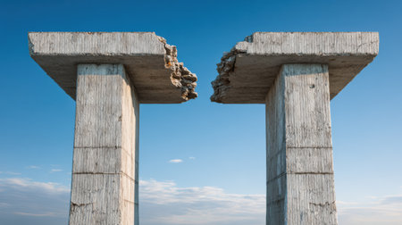 A bridge under construction shows a large gap in the center, representing an unfinished solution against a vibrant blue sky backdrop.の素材