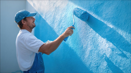 In bright natural light, a construction worker is applying blue paint to a smooth wall with a roller, focusing on his task with care.の素材