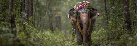 A Thai elephant walks gracefully through a lush tropical jungle, wearing a colorful floral garland and surrounded by soft light.の素材