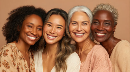 Four happy women of different backgrounds share a joyful moment, showcasing their glowing skin and vibrant unity in beauty.の素材