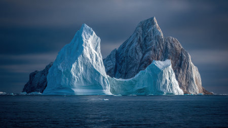 A stunning polar iceberg rises from dark waters, illuminated by dramatic light, reflecting its endurance and aura of mystery in the Arctic.の素材