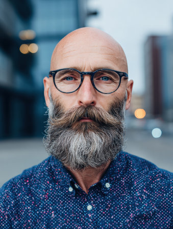 A man with a full beard and stylish glasses stands confidently in an urban setting, with a clean background and soft city lights in the distance.の素材