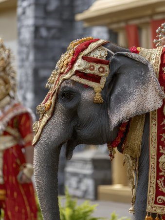 An elephant dressed in vibrant gold and red attire stands gracefully against a beautiful Indian temple backdrop, leaving room for text.の素材
