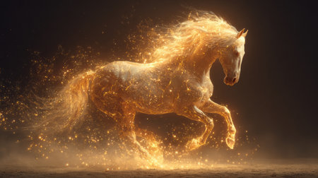Golden horse gracefully leaps through vibrant, glowing confetti in a lively celebration for Lunar New Year 2026, capturing festive joy.の素材