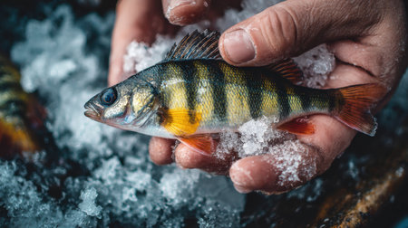 Fishermans hands grip a small perch surrounded by ice, capturing the thrill of a winter fishing adventure outdoors.の素材