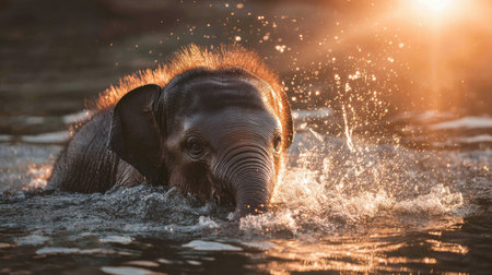 A baby elephant splashes happily in the river, sunlight reflecting off the water, creating a beautiful scene with minimal background distractions.の素材