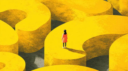 A person stands amid large yellow question marks, symbolizing feelings of doubt and a search for guidance in life.の素材