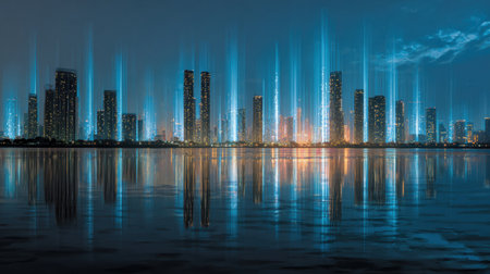Bright data streams illuminate a smart city skyline at night, showcasing a digital future with vibrant colors and reflections on the water.の素材