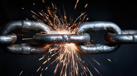 A broken chain link is under repair as welding sparks fly, representing the process of problem solving and addressing issues in a workshop.の素材