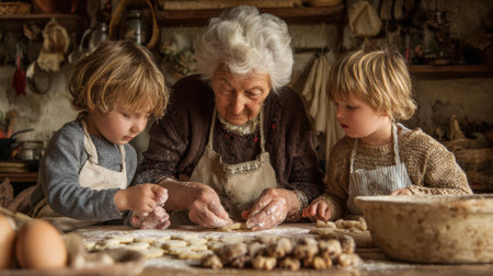 In a warm kitchen, a grandmother happily teaches her grandchildren how to bake cookies, surrounded by ingredients and sweet memories.の素材