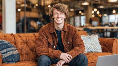 A young entrepreneur sits comfortably in a warm coworking space, smiling while using a laptop under natural light.の素材