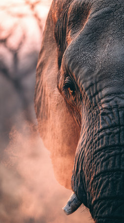Close-up view of an African elephant highlighting its textured skin, illuminated by warm sunset light and surrounded by soft dust.の素材