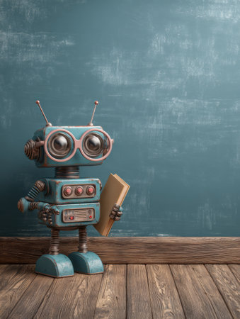 A friendly robot teacher in a classroom holds chalk and glasses, ready to inspire and engage students in learning.の素材