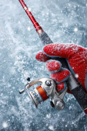 A hand in a red glove holds a small red ice fishing rod and reel, set against a textured frosty surface, ready for fishing.の素材