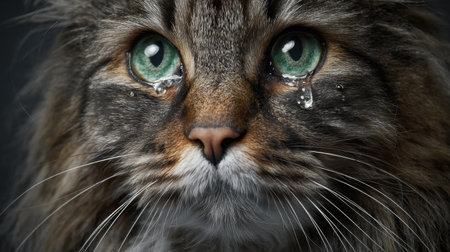 This dramatic pet portrait shows a cat with tears in its eyes, highlighting its deep emotions and unique features in a close-up view.の素材