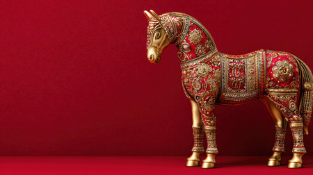 This elegant golden horse features intricate patterns against a bright red background, symbolizing prosperity for Chinese New Year in 2026.の素材