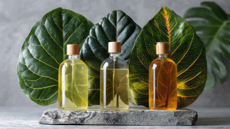 Skincare bottles filled with natural oils stand on a marble base surrounded by vibrant green leaves, highlighting eco-friendly beauty.の素材