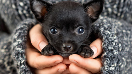 A shiny black Chihuahua puppy rests in its owners hands, showing off big round eyes and tiny paws, radiating warmth and affection.の素材