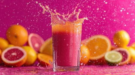 Bright citrus fruits surround a glass filled with fresh juice, creating a lively splash against a colorful background.の素材