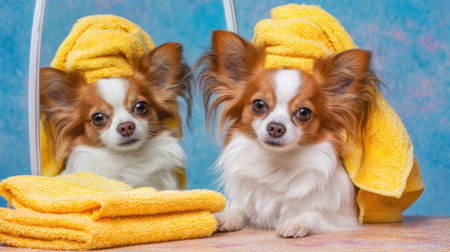 A small dog appears puzzled by its own reflection in the mirror, surrounded by bright towels in a cheerful setting.の素材