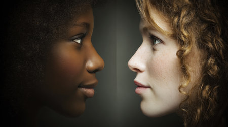 Two faces reflect in a mirror, highlighting the beauty of diversity and connection through their distinct features and expressions.の素材