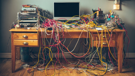 Wires are tangled in chaotic patterns across a desk, causing frustration in a work environment full of devices and tools.の素材