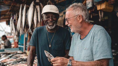 Men are smiling and laughing as one shows a fish to his friend in a vibrant market filled with fresh seafood and lively atmosphere.の素材