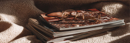 A cozy setup features a stack of fashion magazines topped with stylish glasses, all resting on soft fabric basking in warm light.の素材