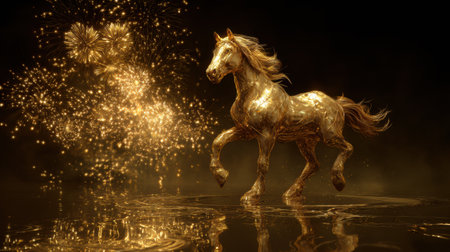A golden horse runs gracefully on a shiny surface while colorful fireworks burst brightly in the night sky, creating a festive atmosphere.の素材