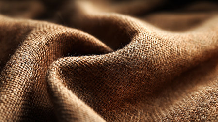 The close-up view reveals the intricate texture of natural fabric, highlighting its warm brown tones and soft folds, emphasizing organic materials.の素材