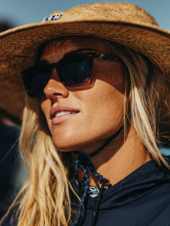 A woman with long blonde hair stands by the seaside, sporting a wide-brim hat and sunglasses under bright sunlight.の素材