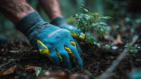 A man wearing gloves carefully plants a young seedling in rich soil, promoting environmental care and reforestation in a lush forest setting.の素材