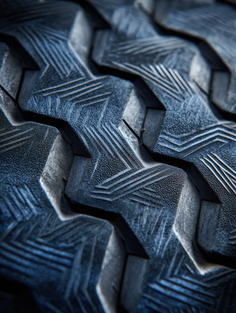Close-up highlights shot detailed tire tread pattern, emphasizing its design and texture against a neutral background. Ideal for automotive themes.の素材