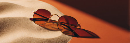 Stylish sunglasses lie on soft sand, creating interesting shadows, showcasing a summer vibe and minimalistic beauty in the warmth.の素材