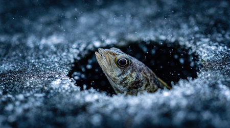 A fish breaks through the icy surface, revealing its texture and the shimmering water around it in a cold, wintry environment.の素材
