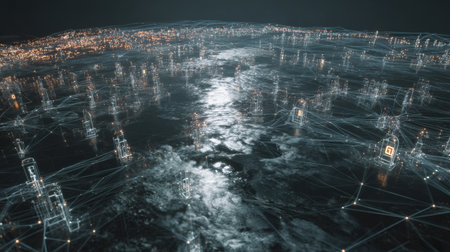 A visualization showcasing global data protection features floating locks and intricate network lines, depicting a futuristic digital landscape.の素材