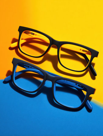 Two trendy eyewear frames sit against a colorful backdrop, providing a perfect area for promotional discount copy and marketing messages.の素材